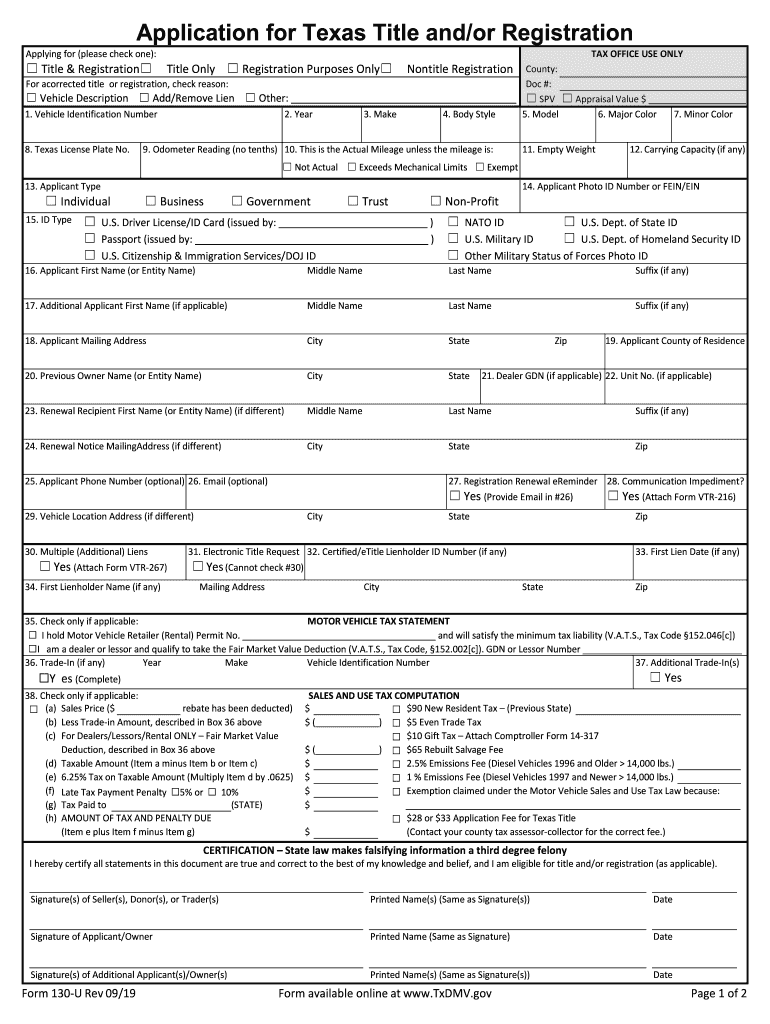  130 U Application for Texas Title Andor Registration 2019
