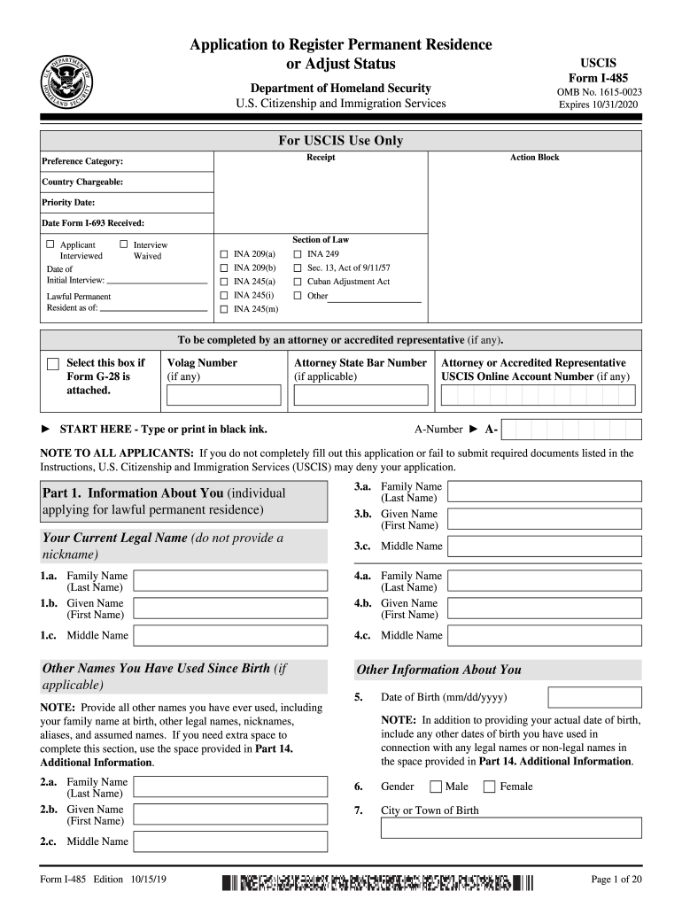  Form I 485, Application to Register Permanent USCIS 2020