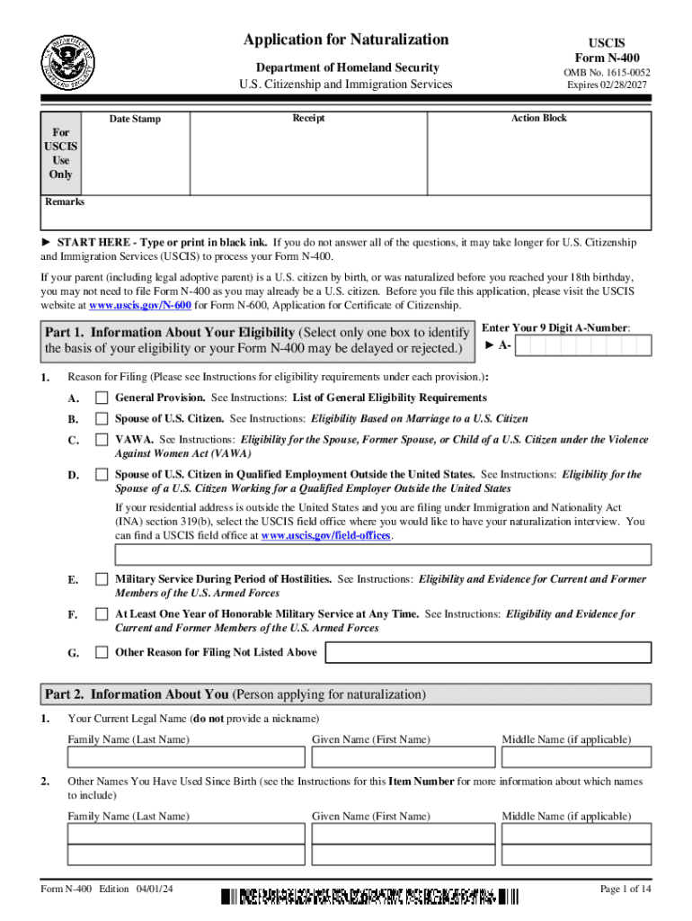 Application for NaturalizationUSCIS Form N400Depar