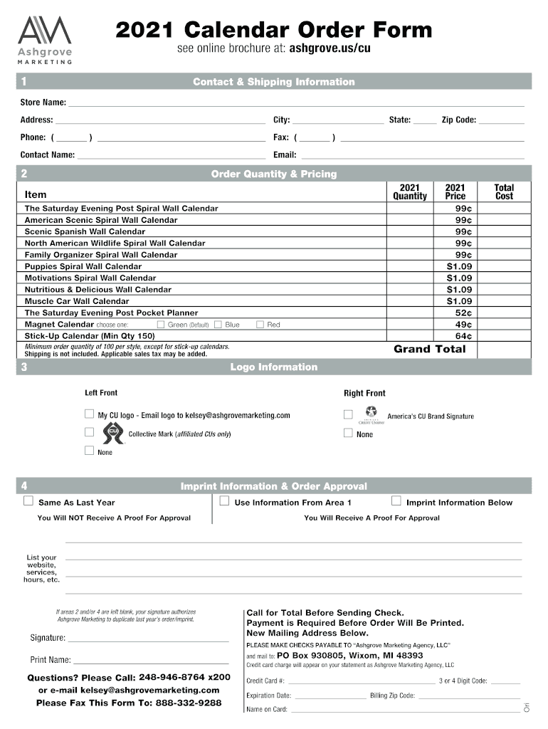  2021 Calendar Order Form Credit Union Calendars 2021-2024