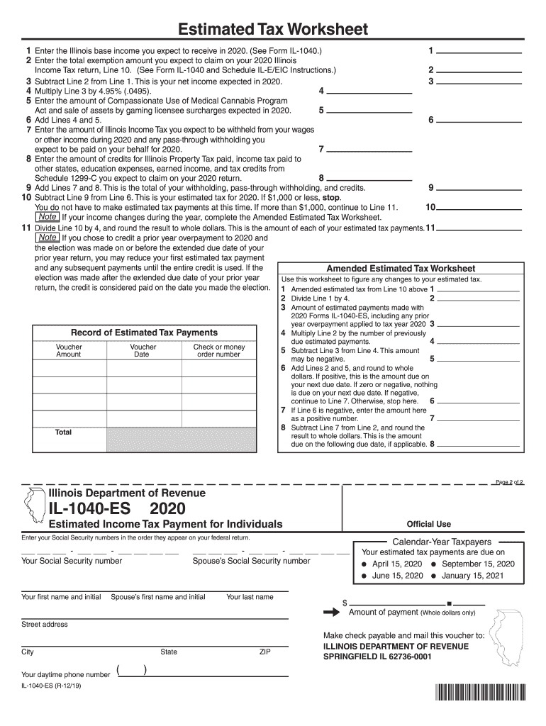  IL 1040 ES, Estimated Income Tax Payments for Individuals 2020