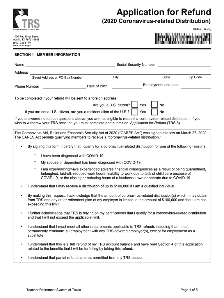 Form TRS6C Application for Refund Coronavirus Related Distribution Form TRS6C Application for Refund Coronavirus Related Distrib