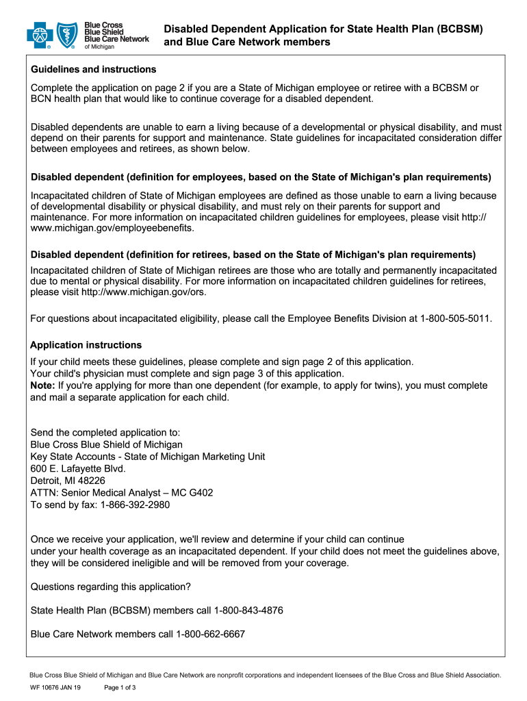  Disabled Dependent Application for State Health Plan BCBSM and Blue Care Network Members Disabled Dependent Application for Stat 2019-2024