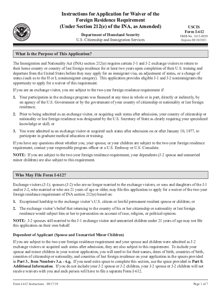 DHS USCIS I 612 Instructions  Form
