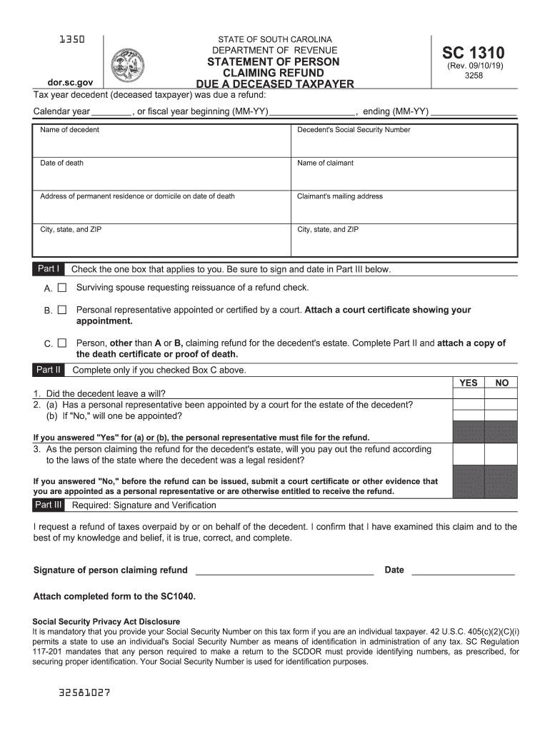 Form Sc 1310 Statement of Person Claiming Refund Due a