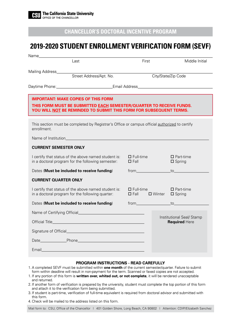 Get and Sign STUDENT ENROLLMENT VERIFICATION FORM SEVF 2019-2022