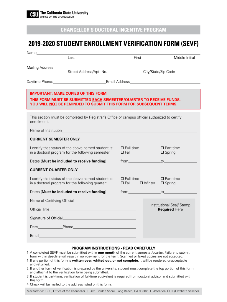  STUDENT ENROLLMENT VERIFICATION FORM SEVF 2019