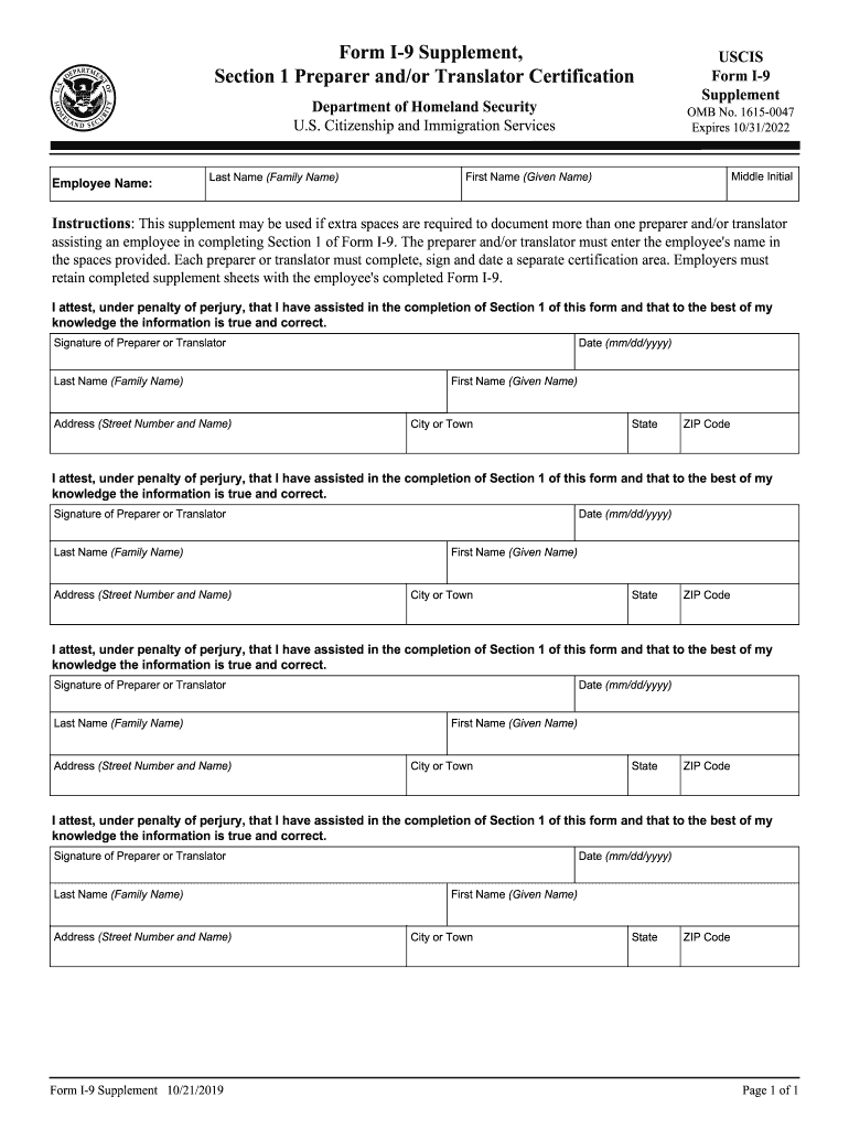 Form I 9 Supplement, Section 1 Preparer Andor Translator