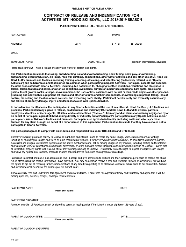  Contract of Release and Indemnification for Activities Mt Hood 2018-2024