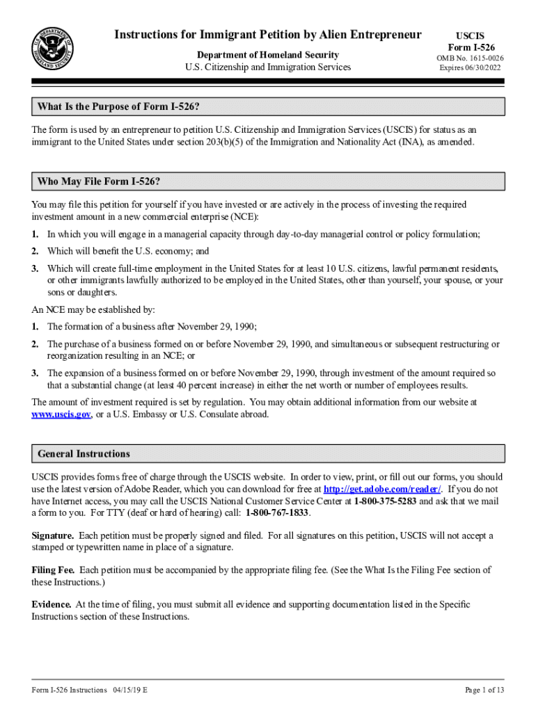 DHS USCIS I 526 Instructions  Form