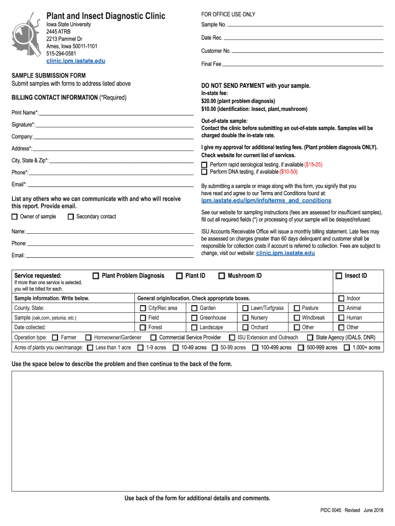  Plant and Insect Diagnostic Clinic Sample Submission Form 2018-2024