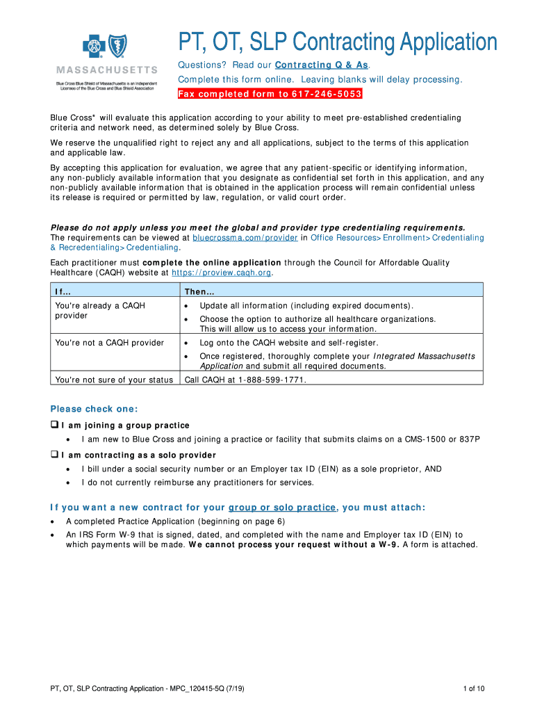  PT, OT, SLP Contracting Application Provider Central 2019-2024