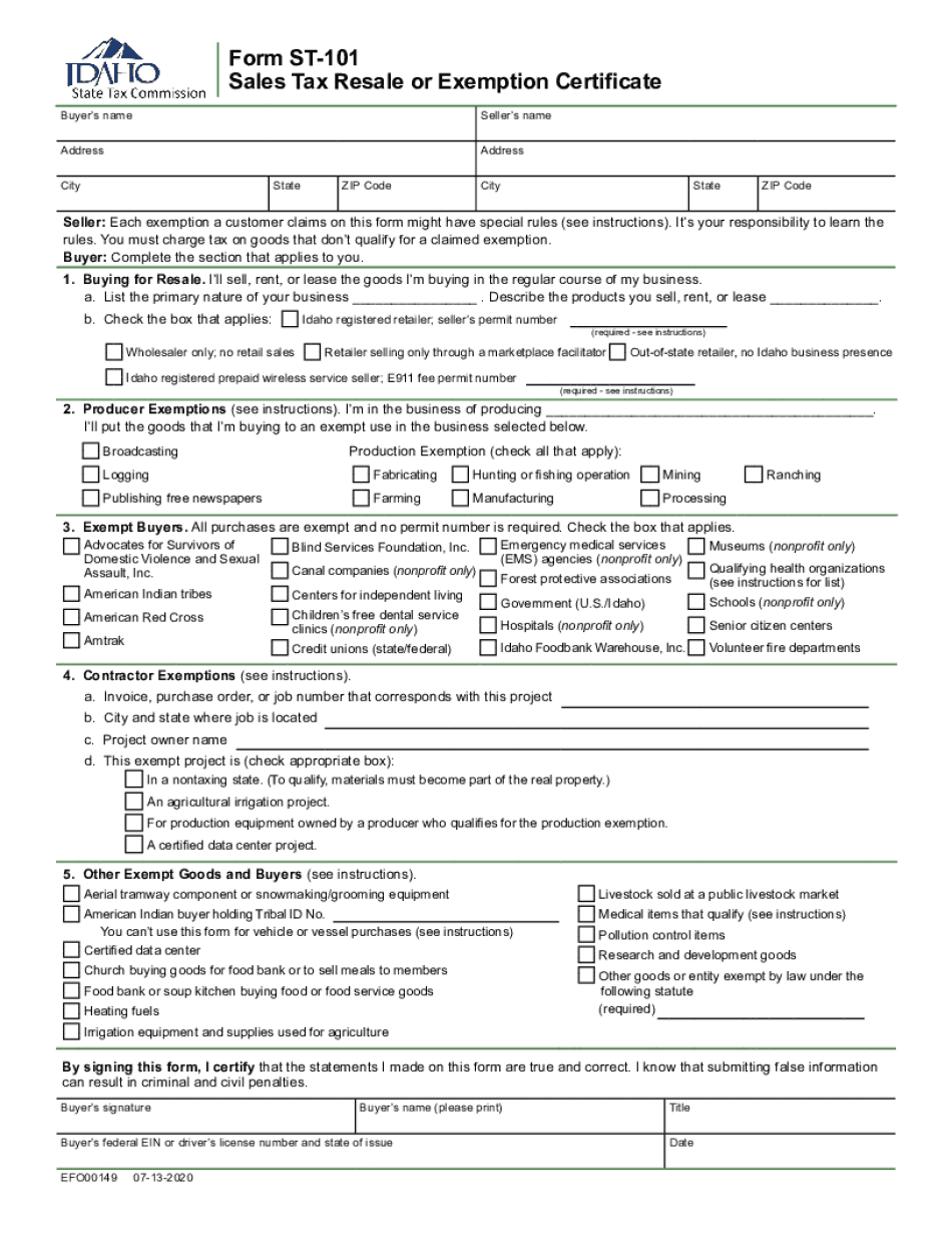  Form ST 101, Sales Tax Resale or Exemption Certificate 2020-2024