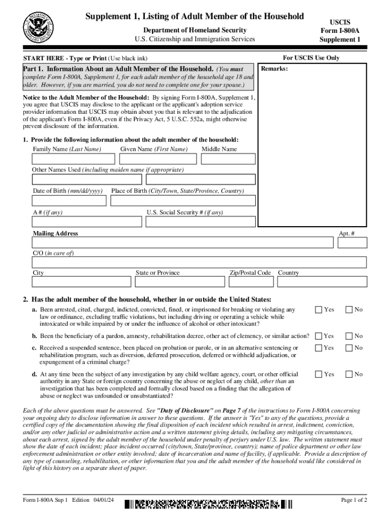  Form I 800A, Supplement 1, Listing of Adult Member of the Household 2024