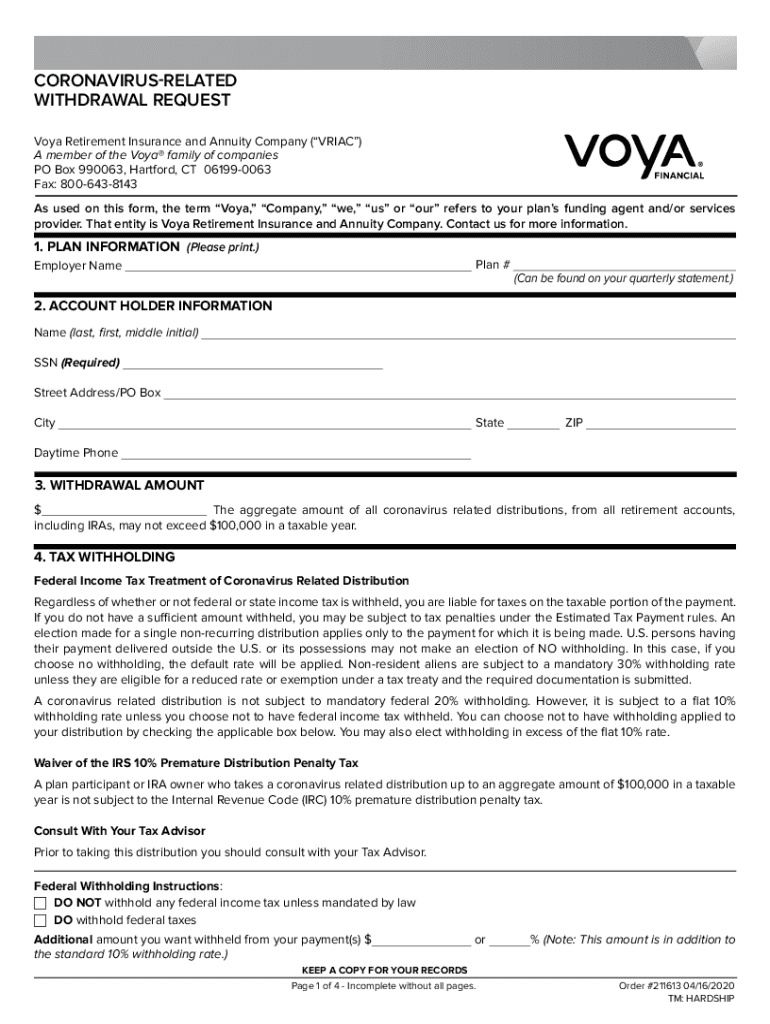 Voya Hardship Withdrawal Covid 19  Form