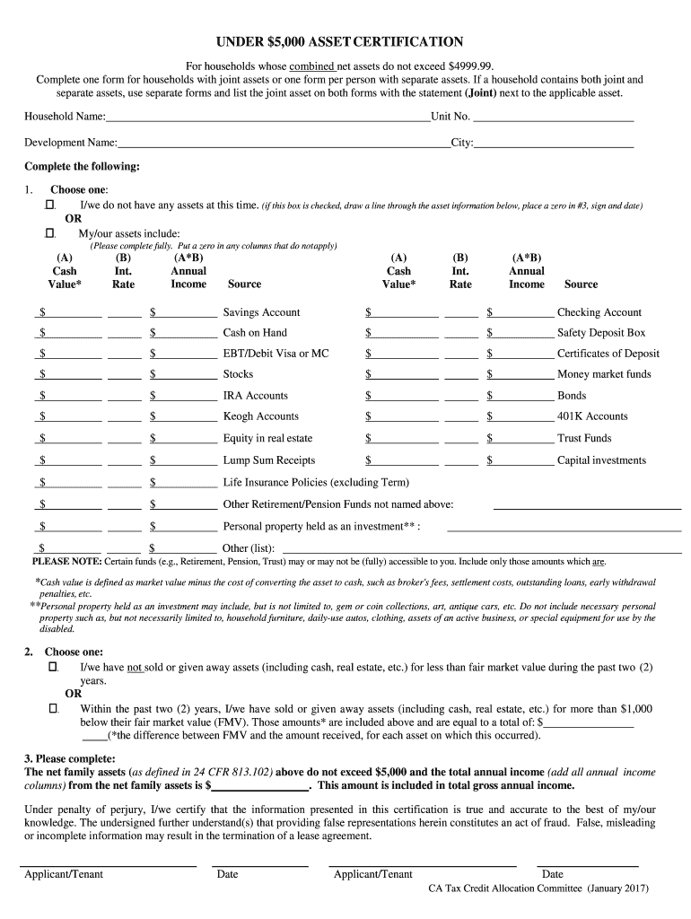  under $5,000 Asset Certification under $5,000 Asset Certification California Tax Credit Allocation Committee 2017-2024