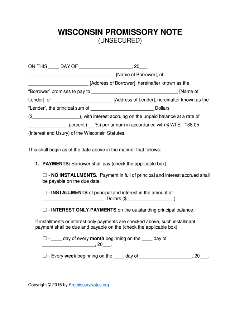 Promissory Note Template Wisconsin  Form
