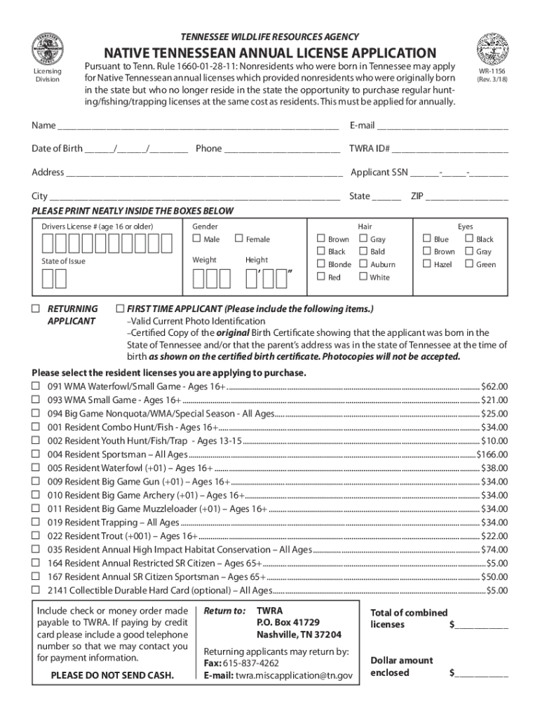  Native Tennessean Annual License Application 2018-2024