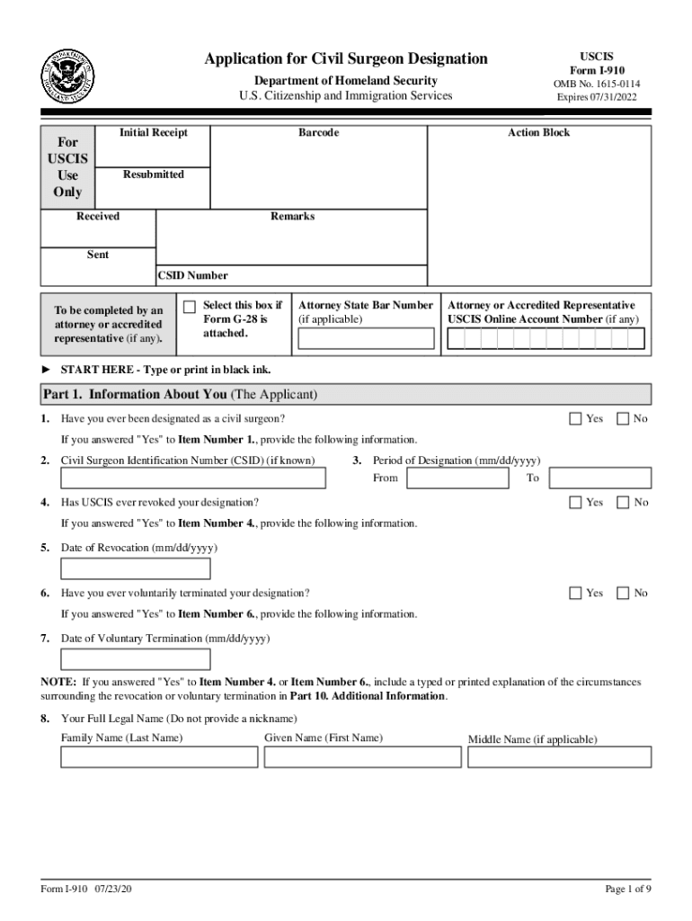 Form I 910, Application for Civil Surgeon Designation