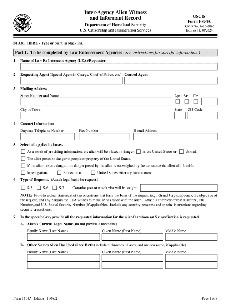 Form I 845A, Inter Agency Alien Witness and Informant Record