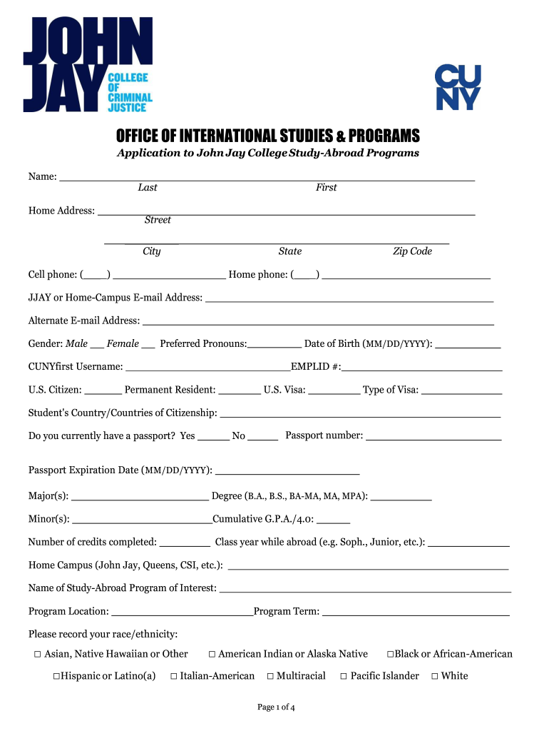Get and Sign Application to John Jay College Study Abroad Programs 2019-2022 Form