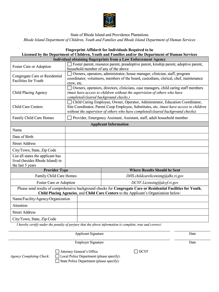 Fingerprint Affidavit RI DCYF  Form