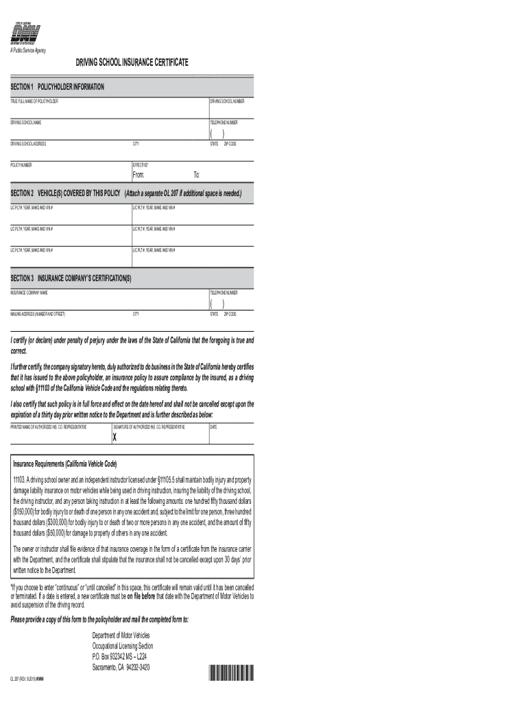 DRIVING SCHOOL INSURANCE CERTIFICATE OL 207  Form