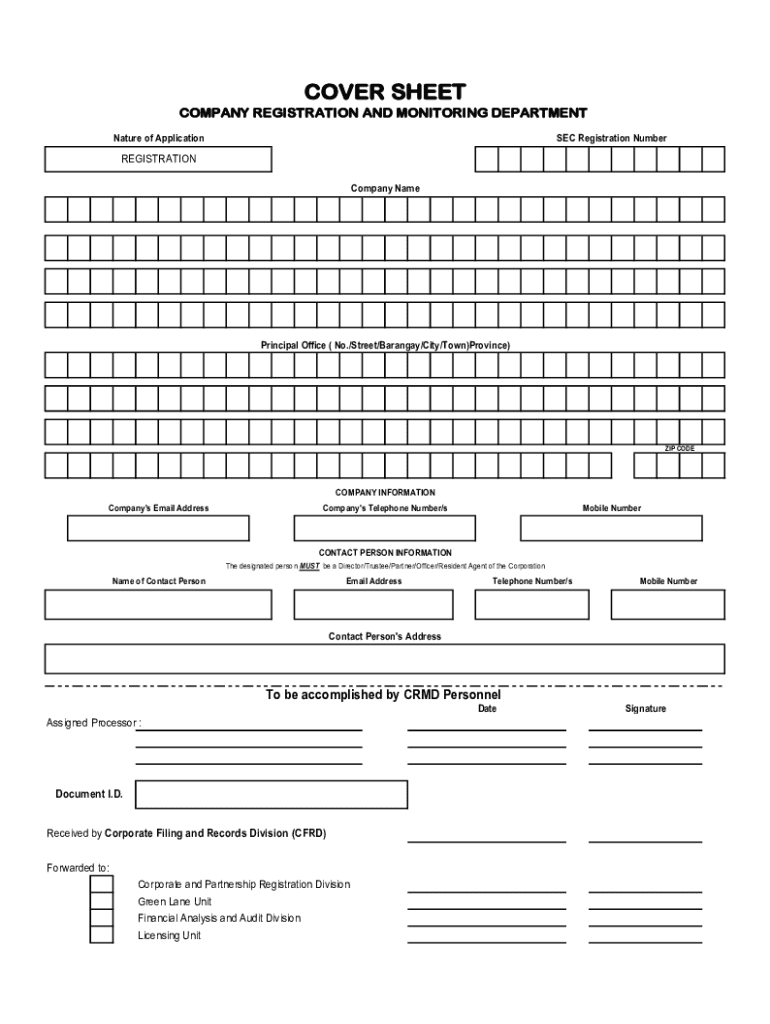 PH Cover Sheet for Applications at Company Registration and Monitoring Department  Form