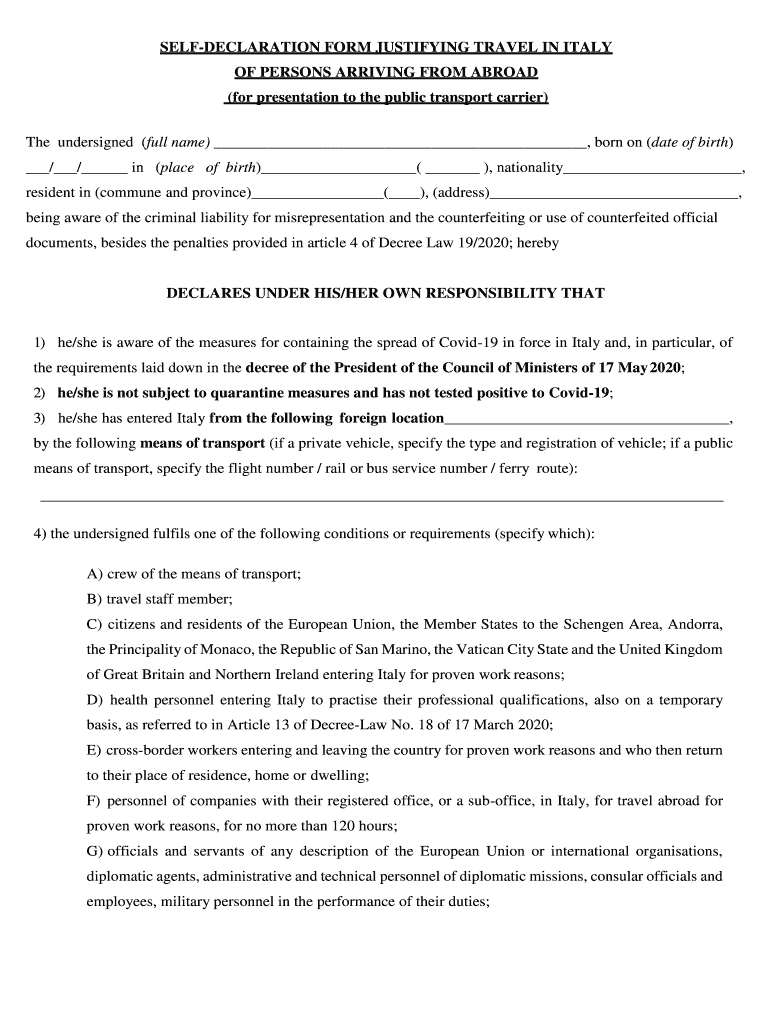 Self Declaration Form for Travel to Italy from Abroad Example