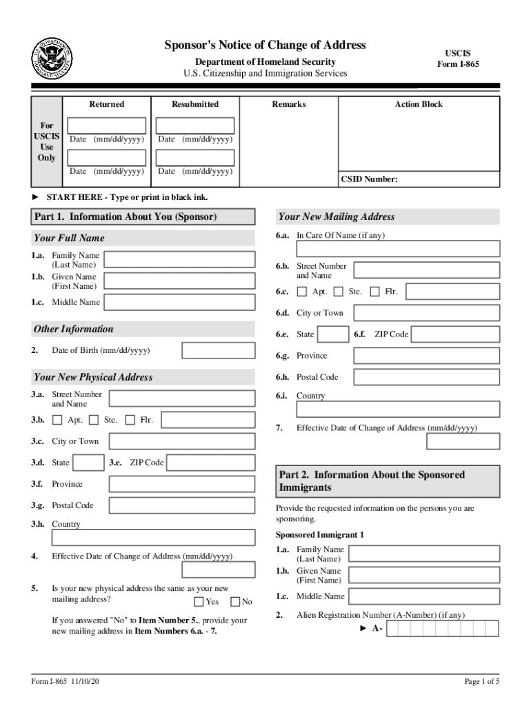 I 865 Change Address  Form