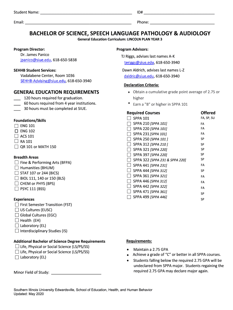 BACHELOR of SCIENCE, SPEECH LANGUAGE SIUE  Form