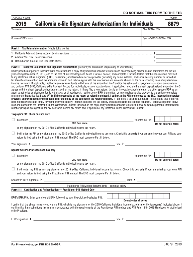 Form 8879 California E File Signature Authorization for 2019
