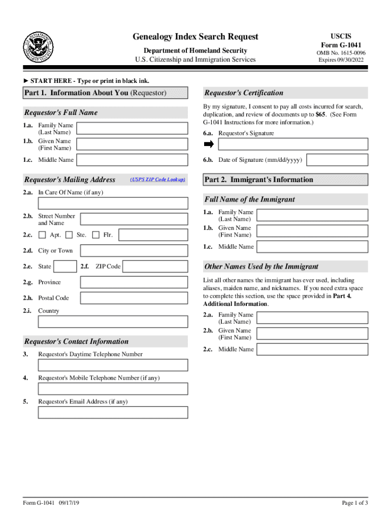 Form G 1041, Genealogy Index Search Request