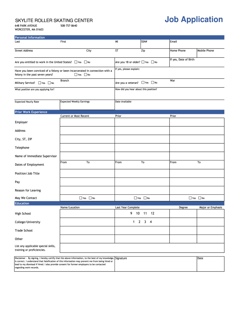SKYLITE ROLLER SKATING CENTER Job Application  Form