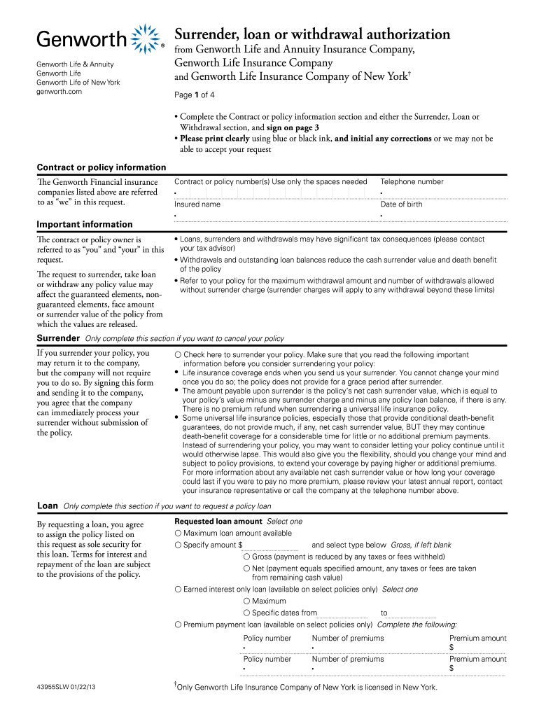  Genworth Withdrawal Form 2013-2024