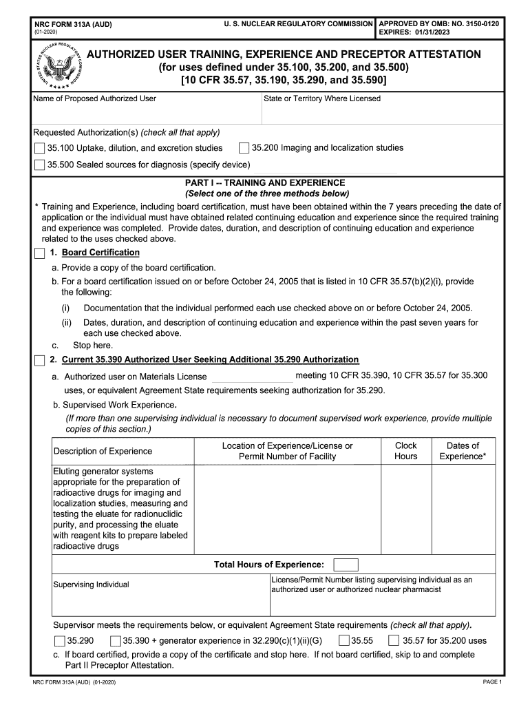 NRC Form 313A AUD, Authorized User Training, Experience