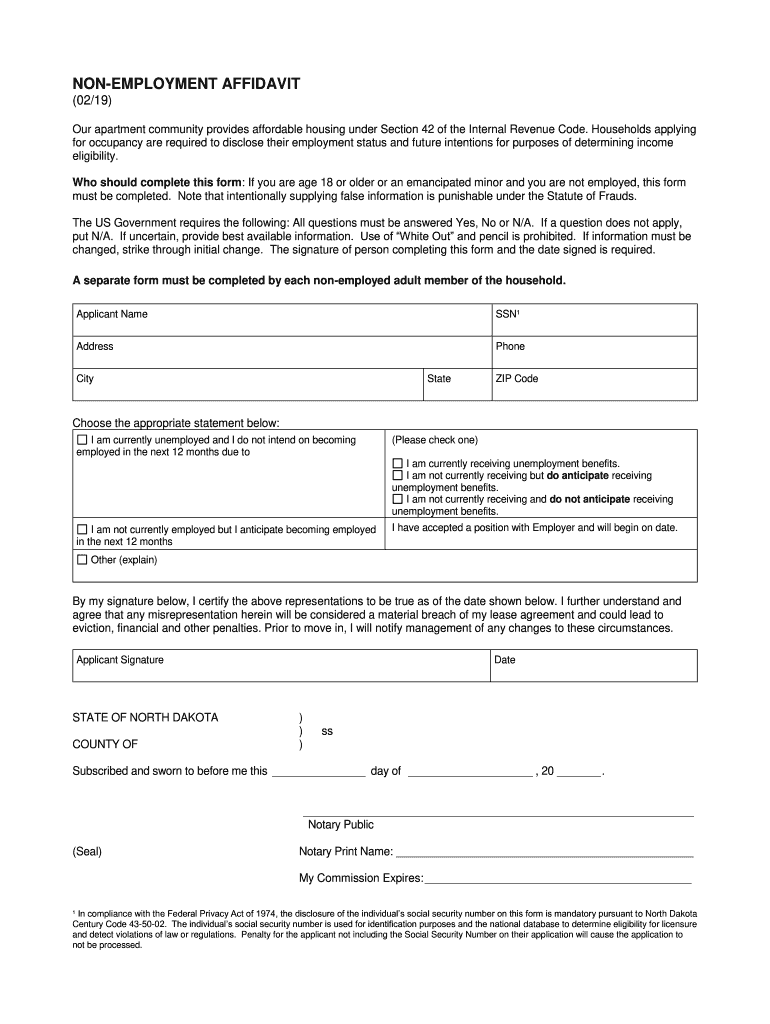  PDF NON EMPLOYMENT AFFIDAVIT North Dakota Housing Finance 2019-2024