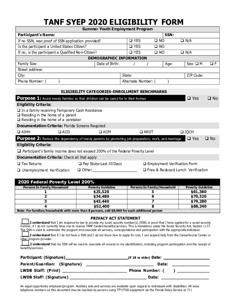 FL Tanf Syep EligibilityScreening  Form