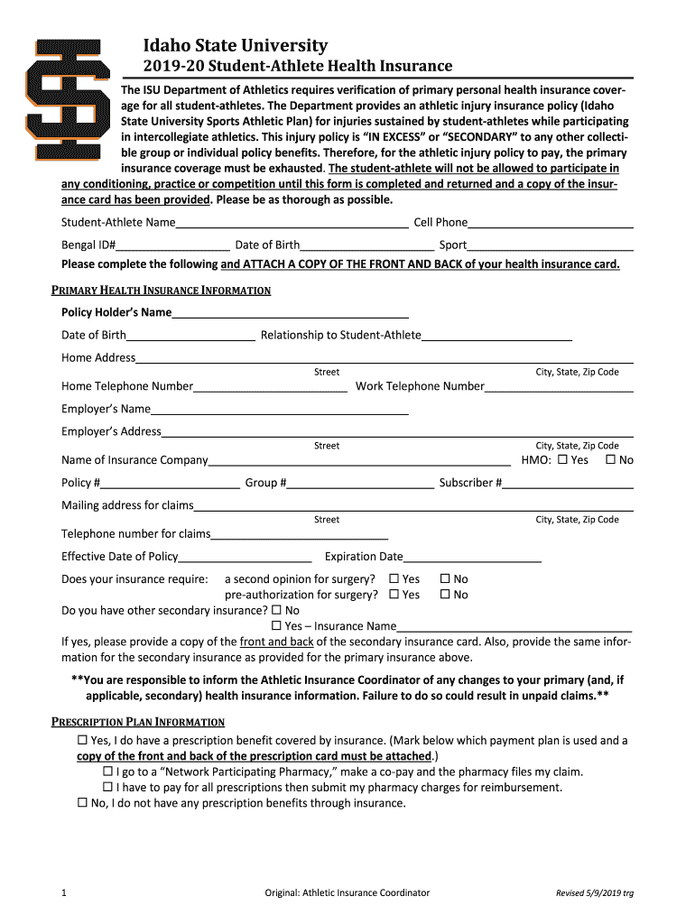Get and Sign 20 Student Athlete Health Insurance Idaho State Athletics 2019-2022 Form