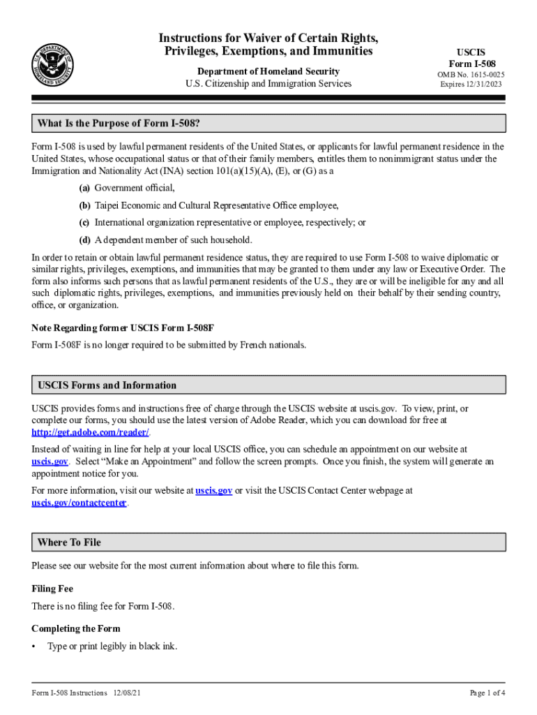DHS USCIS I 508 Instructions  Form