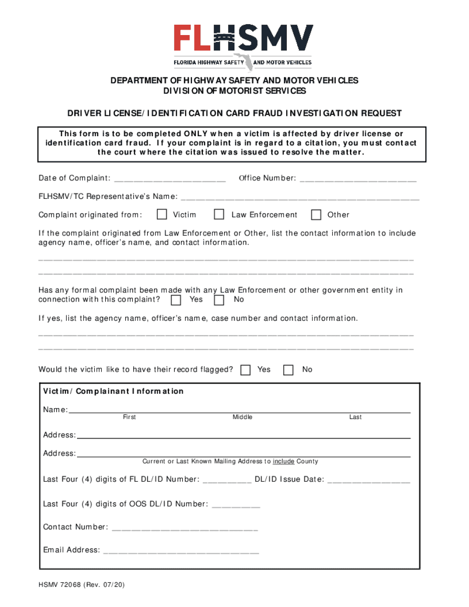  DRIVER LICENSEIDENTIFICATION CARD FRAUD INVESTIGATION REQUEST 2020