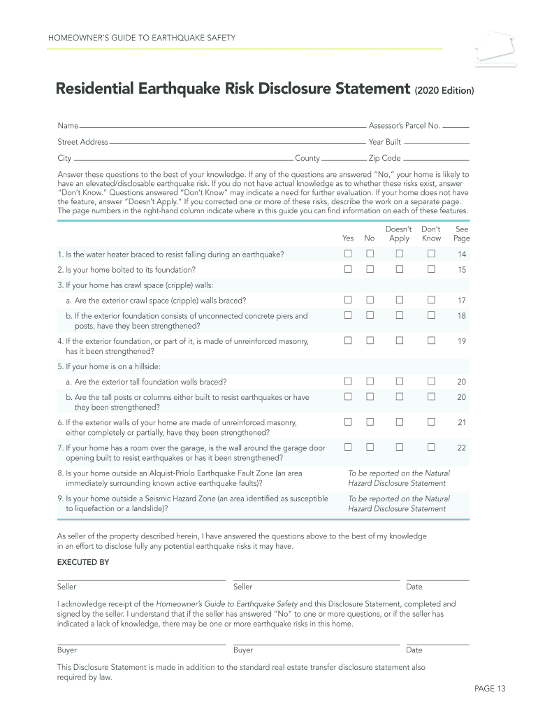 Residential Earthquake Risk Disclosure Statement Edition  Form