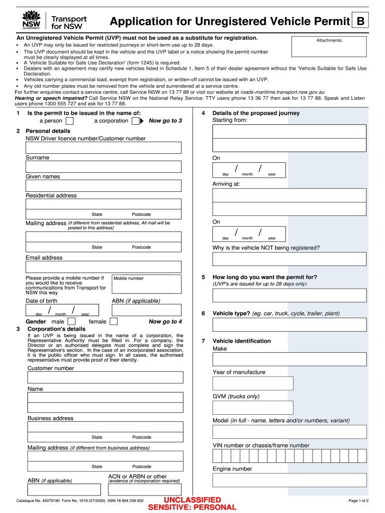  Application for Unregistered Vehicle Permit B 2020