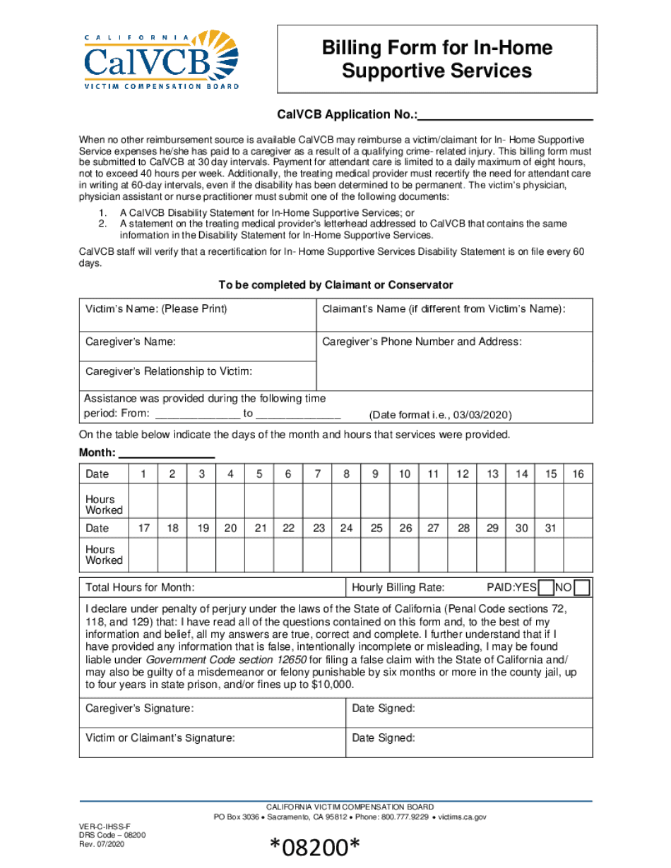  CalVCB in Home Supportive Services Billing Form 2020-2024
