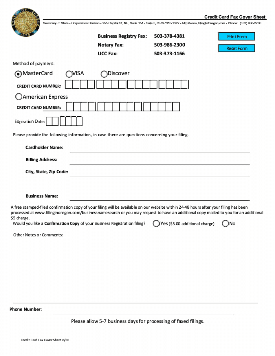  Credit Card Fax Cover Sheet PDF 2020