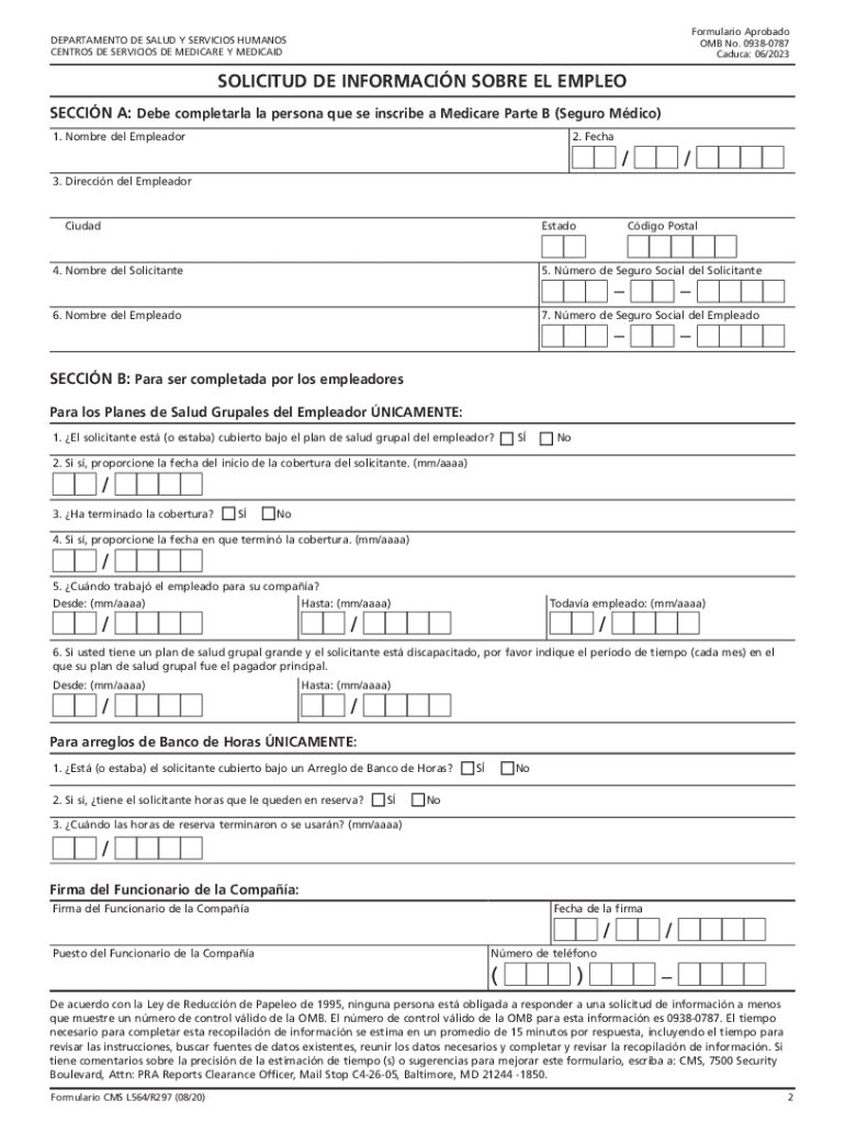 SOLICITUD DE INFORMACIN SOBRE EL EMPLEO Formulario CMS L564R297