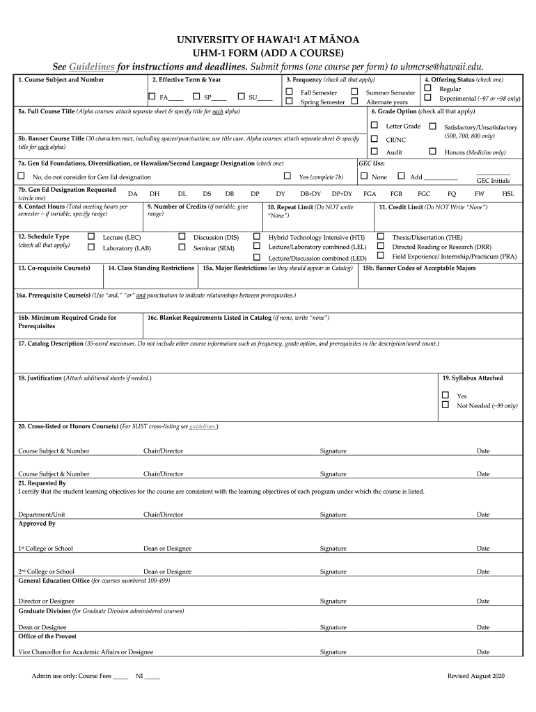  UHM 2 FORM MODIFYDELETE a COURSE University of Hawaii at 2020-2024