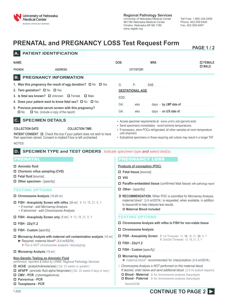 PRENATAL and PREGNANCY LOSS Test Request Form