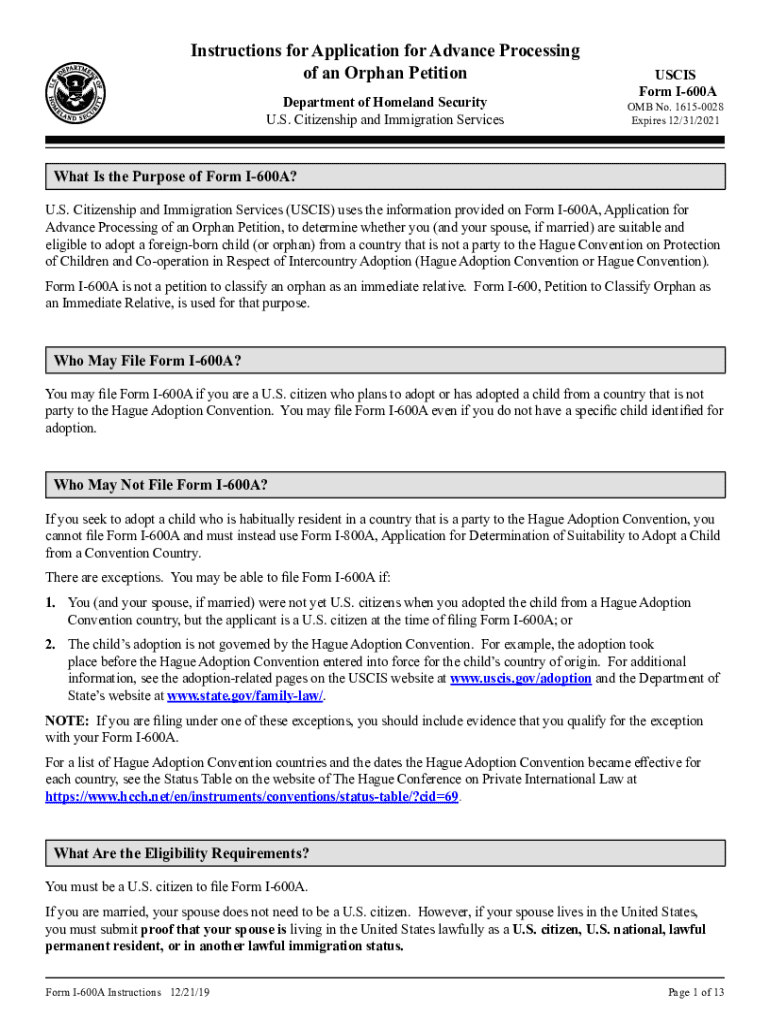 Application for Advance Processing of an Orphan Petition I 600A Instructions for Application for Advance Processing of an Orphan  Form