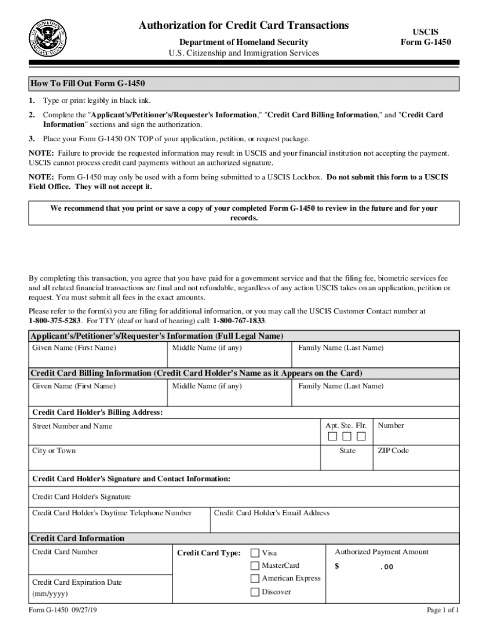 G 1450, Authorization for Credit Card Transactions USCIS  Form